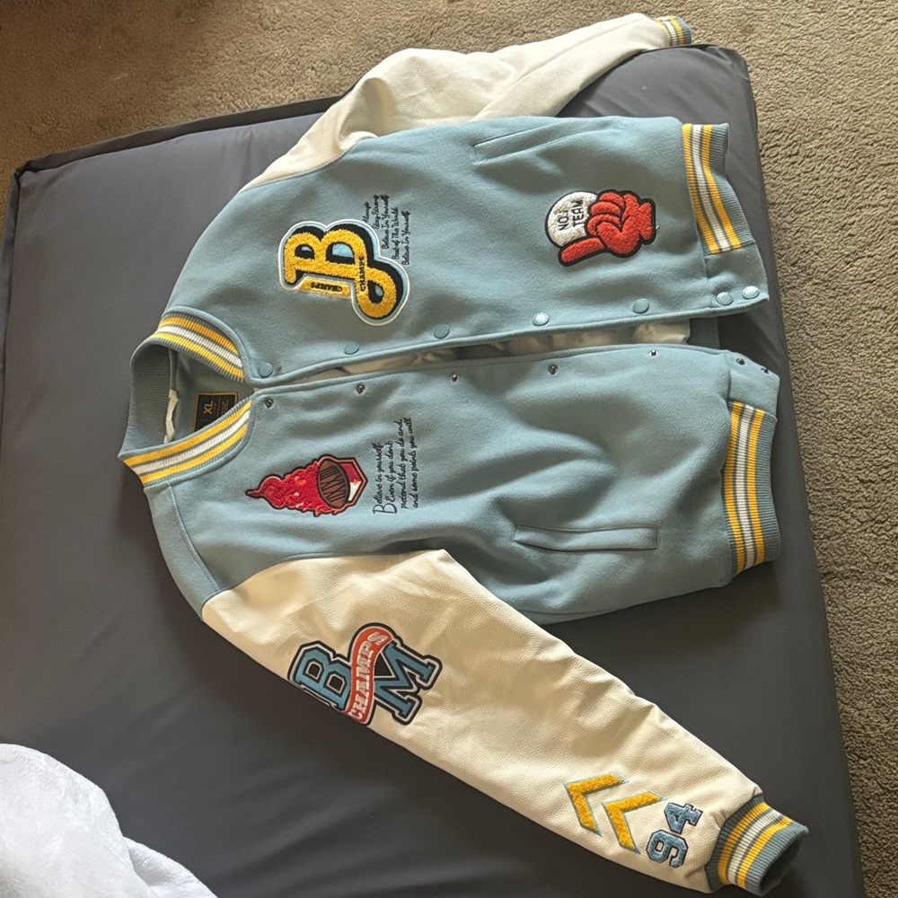 Blue and Cream Varsity Jacket with Patches